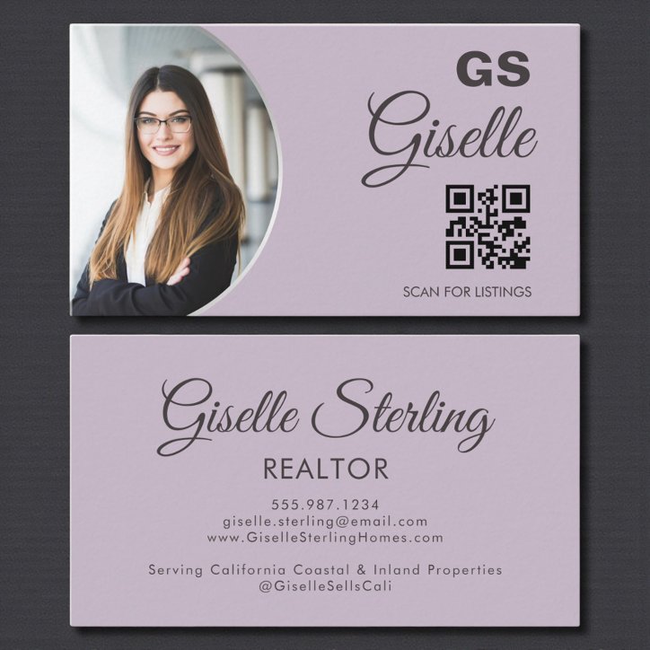 Lavender Purple Silver Monogram Realtor QR Code Business Card