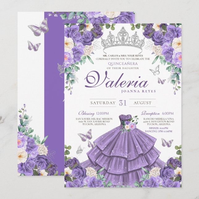 Lavender Purple Silver Rose Butterfly Quinceanera Invitation (Front/Back)