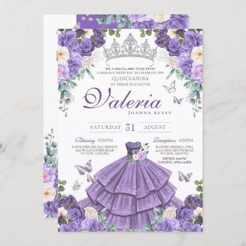 Lavender Purple Silver Rose Butterfly Quinceanera Invitation