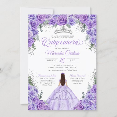 Lavender Purple  Silver Rose Elegant Quinceanera Invitation