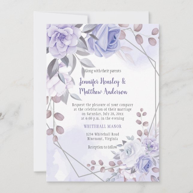 Lavender Purple Silver Roses Geometric Wedding | Invitation (Front)