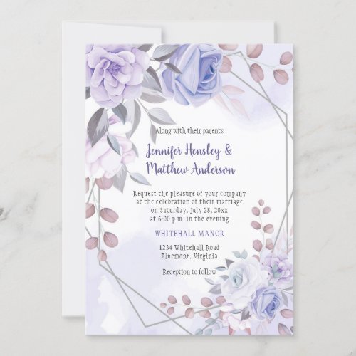 Lavender Purple Silver Roses Geometric Wedding  Invitation