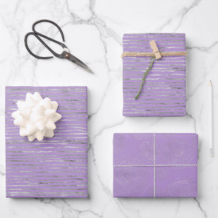 Lavender Purple Silver Stripes Circles Birthday Wrapping Paper Sheets