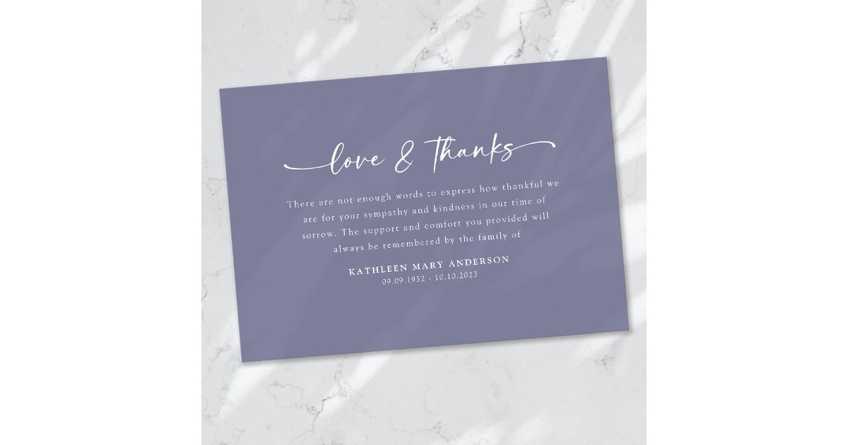 Lavender Purple Simple Script Funeral Thank You Card | Zazzle