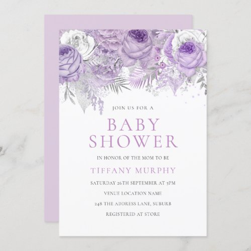 Lavender Purple Sparkle Floral Baby Shower Invitation