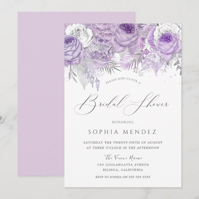 Lavender Purple Sparkle Floral Bridal Shower Invit Invitation (Front/Back)