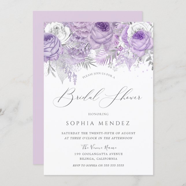 Lavender Purple Sparkle Floral Bridal Shower Invit Invitation (Front/Back)