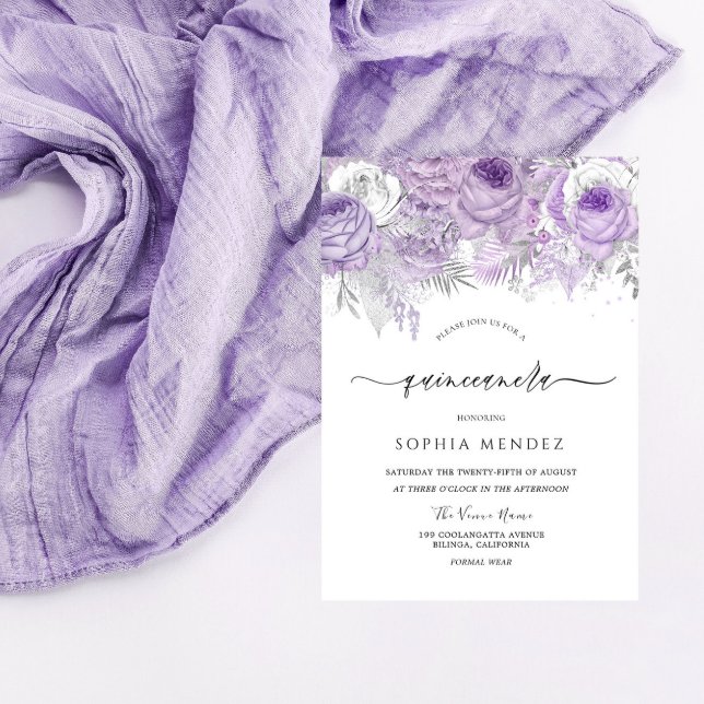 Lavender Purple Sparkle Floral Quinceanera Party  Invitation