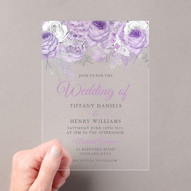 Lavender Purple Sparkle Floral Wedding Invite Acrylic Invitations (Insitu (Handheld))