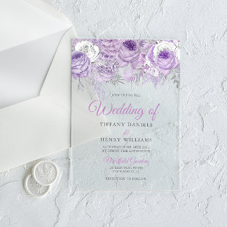 Lavender Purple Sparkle Floral Wedding Invite Acrylic Invitations