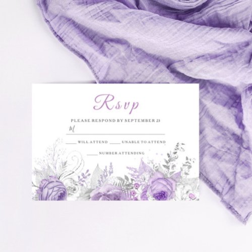 Lavender Purple Sparkle Floral Wedding Matching RSVP Card
