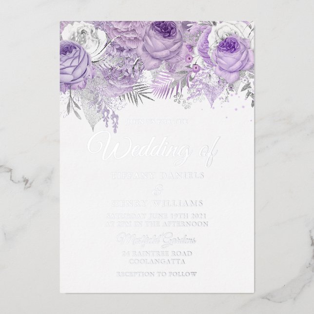 Lavender Purple Sparkle Floral Wedding Silver Foil Invitation (Front)