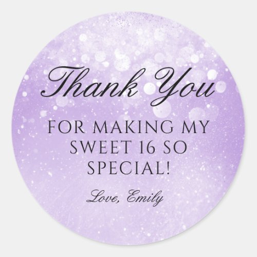 Lavender Purple Sparkle Sweet 16 Thank You Classic Round Sticker