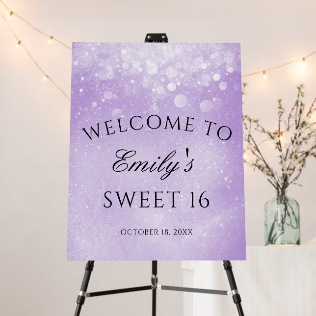 Lavender Purple Sparkle Sweet 16 Welcome Foam Board (In Situ (Stand))