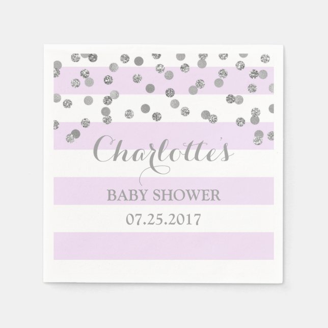 Lavender Purple Stripe Silver Confetti Baby Shower Napkins (Front)