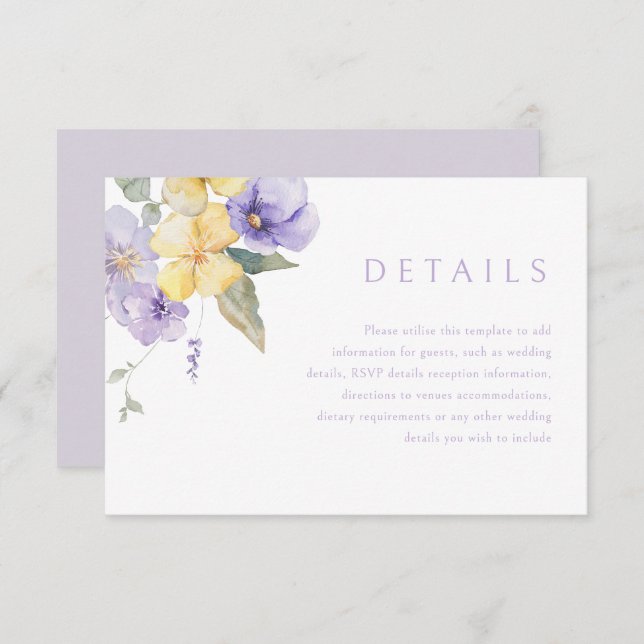 Lavender Purple & Sunshine Wedding Details Enclosure Card (Front/Back)