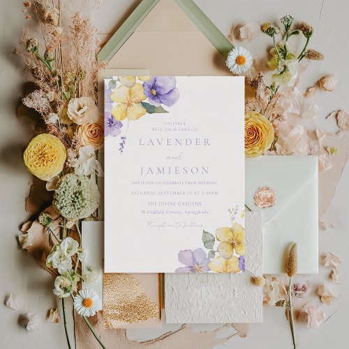 Lavender Purple  Sunshine Yellow Flowers Wedding Invitation
