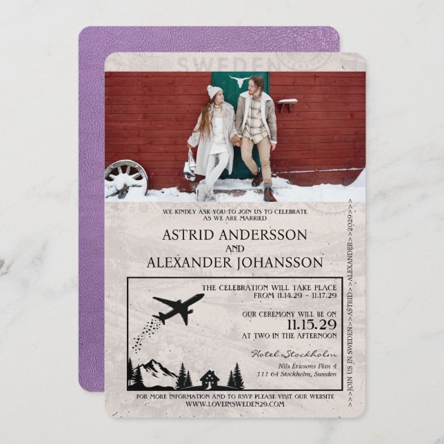 Lavender Purple Sweden Passport Wedding Invitation (Front/Back)