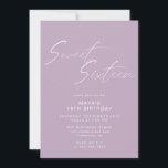 Lavender Purple Sweet Sixteen Lilac 16th Birthday Invitation<br><div class="desc">Pretty and simplistic 16th birthday invitations with heading "Sweet Sixteen" text in white script font on an airy pastel purple background. The reverse side features a pattern of the word "sixteen" in coordinating script. The reverse side pattern, as well as the background color, can be changed by using the design...</div>