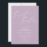Lavender Purple Sweet Sixteen Lilac 16th Birthday Invitation<br><div class="desc">Pretty and simplistic 16th birthday invitations with heading "Sweet Sixteen" text in white script font on an airy pastel purple background. The reverse side features a pattern of the word "sixteen" in coordinating script. The reverse side pattern, as well as the background color, can be changed by using the design...</div>