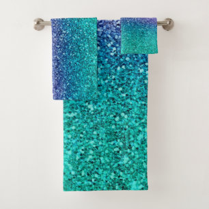 Lavender Purple & Teal Aqua Green Sparkly Glitter Bath Towel Set