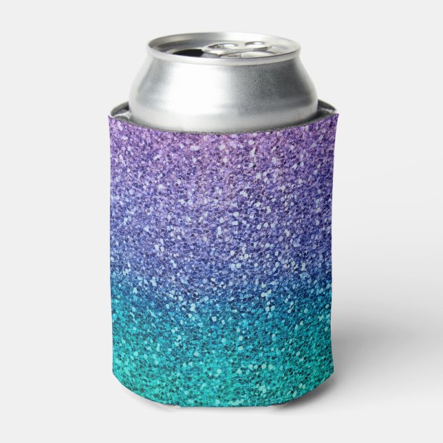 Lavender Purple & Teal Aqua Green Sparkly Glitter Can Cooler (Can Front)
