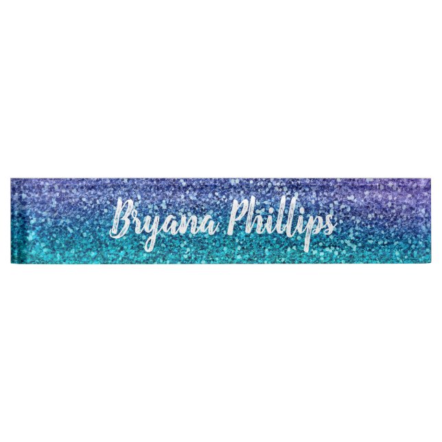 Lavender Purple & Teal Aqua Green Sparkly Glitter Desk Name Plate (Front)