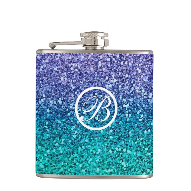 Lavender Purple & Teal Aqua Green Sparkly Glitter Flask (Front)