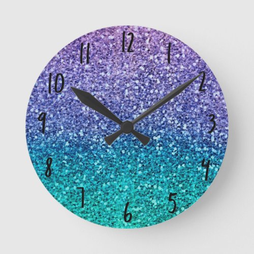 Lavender Purple  Teal Aqua Green Sparkly Glitter Round Clock