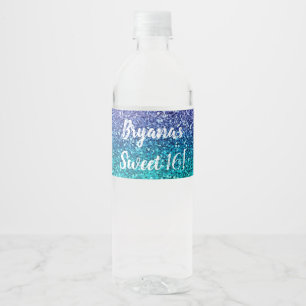 Lavender Purple & Teal Aqua Green Sparkly Glitter Water Bottle Label