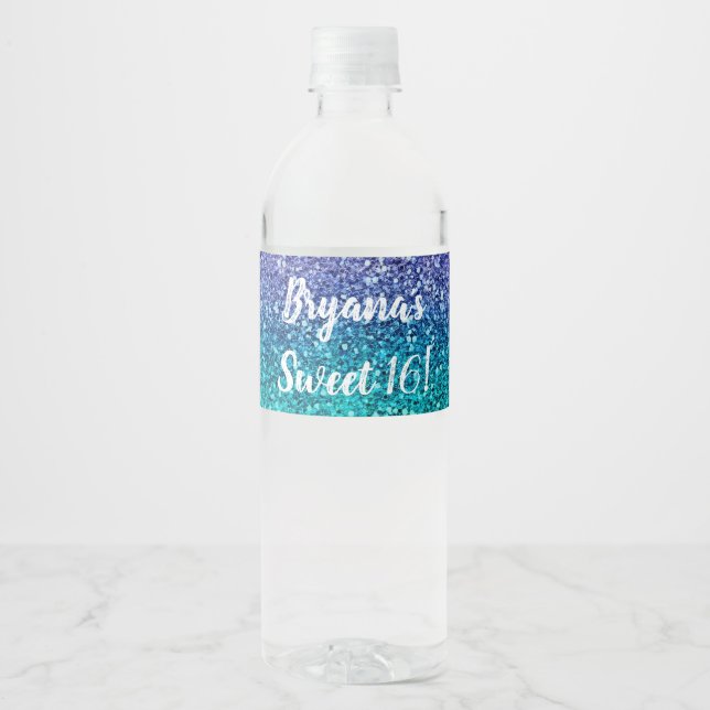 Lavender Purple & Teal Aqua Green Sparkly Glitter Water Bottle Label (Front)