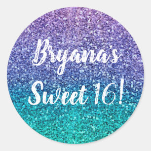 Lavender Purple & Teal Aqua Green Sparkly Party Classic Round Sticker