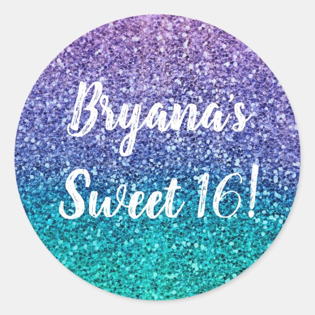 Lavender Purple & Teal Aqua Green Sparkly Party Classic Round Sticker (Front)