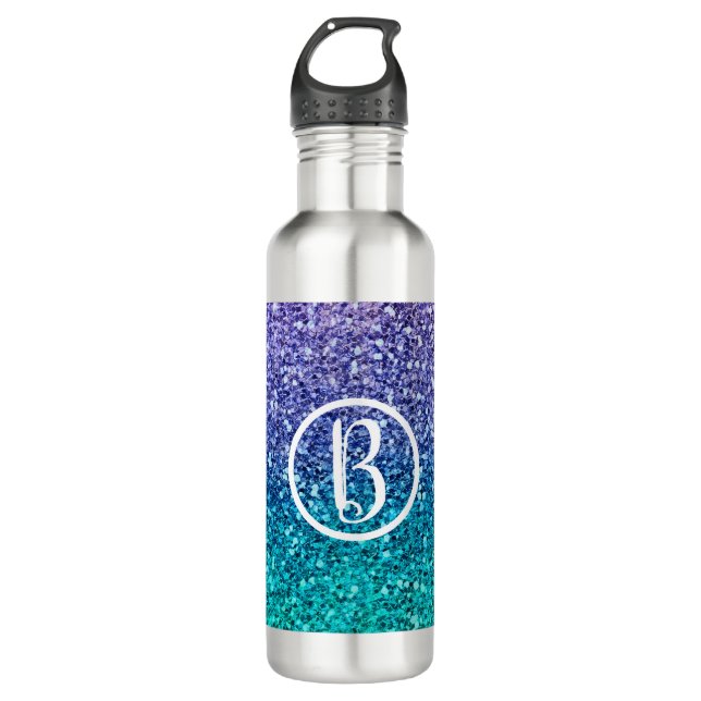 Lavender Purple & Teal Aqua Green Sparkly Party Stainless Steel Water Bottle (Front)