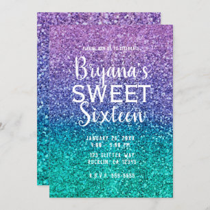 Lavender Purple & Teal Aqua Green Sparkly Sweet 16 Invitation