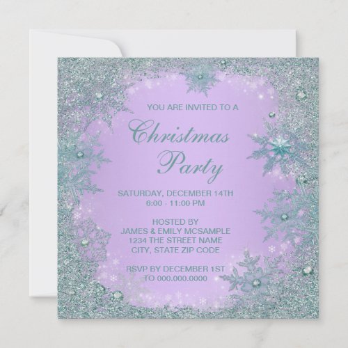 Lavender Purple Teal Blue Snowflake Christmas Invitation