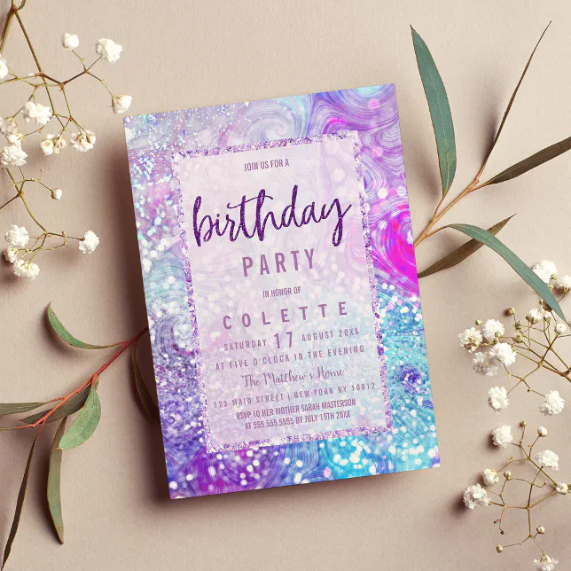 Lavender purple teal marble glitter Birthday Party Invitation | Zazzle