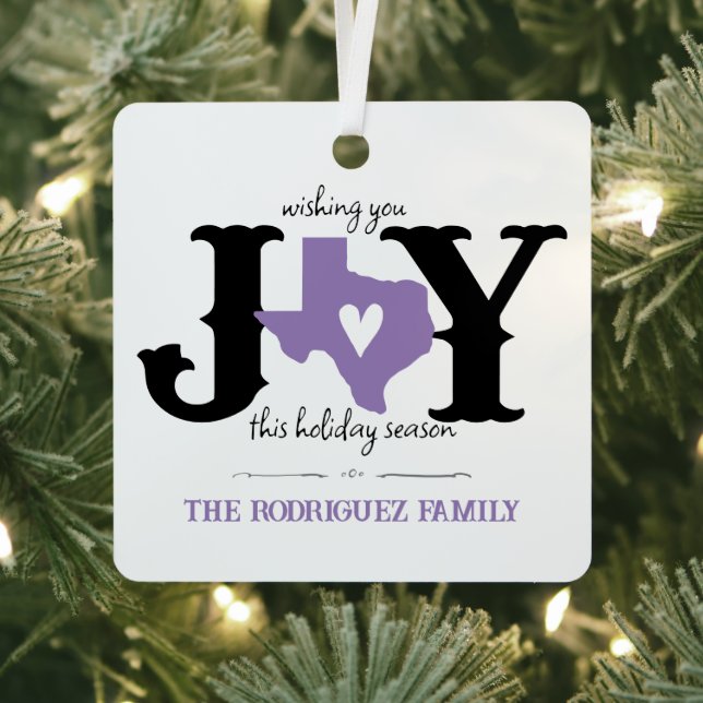 Lavender Purple Texas JOY Photo Holiday Metal Ornament (Insitu)