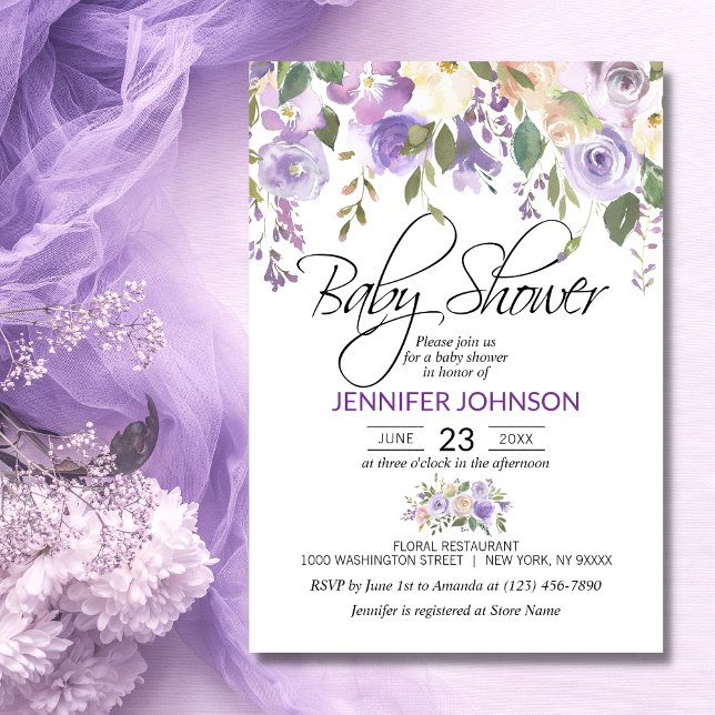 Lavender Purple Violet Floral Baby Shower Invitation (Creator Uploaded)