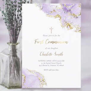 lavender purple watercolor   First Communion girl  Invitation