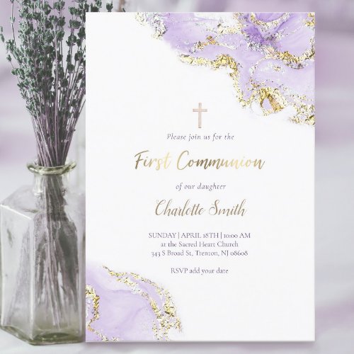 lavender purple watercolor  First Communion girl  Invitation