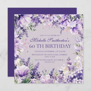Lavender Purple Watercolor Floral 60th Birthday Invitation