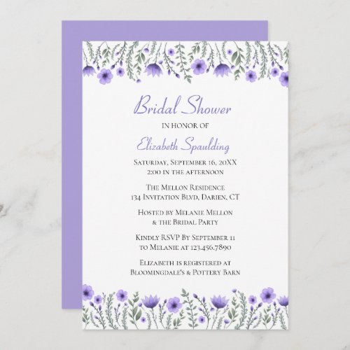 Lavender  Purple Watercolor Floral Bridal Shower Invitation