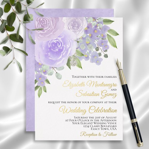 Lavender Purple Watercolor Floral Elegant Wedding Foil Invitation