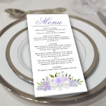 Lavender Purple Watercolor Floral Elegant Wedding Menu<br><div class="desc">This beautiful wedding menu features a rustic boho chic design with a script calligraphy title and a cluster of hand painted watercolor roses, blossoms, and greenery in shades of pale lavender and lilac purple. The text is completely customizable with space for the couple's name & wedding date on the back....</div>