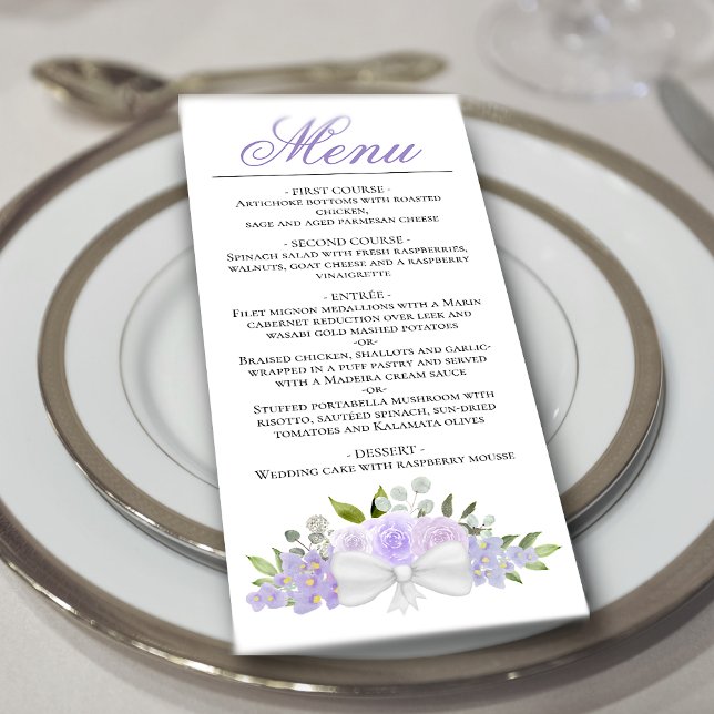 Lavender Purple Watercolor Floral Elegant Wedding Menu (In Situ on Plate)