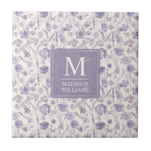 Lavender Purple Watercolor Floral Flowers Pattern Ceramic Tile