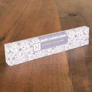 Lavender Purple Watercolor Floral Flowers Pattern Desk Name Plate