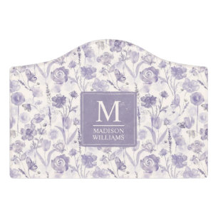 Lavender Purple Watercolor Floral Flowers Pattern Door Sign