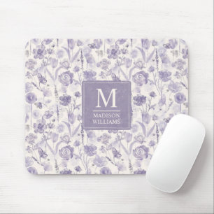 Lavender Purple Watercolor Floral Flowers Pattern Mouse Pad